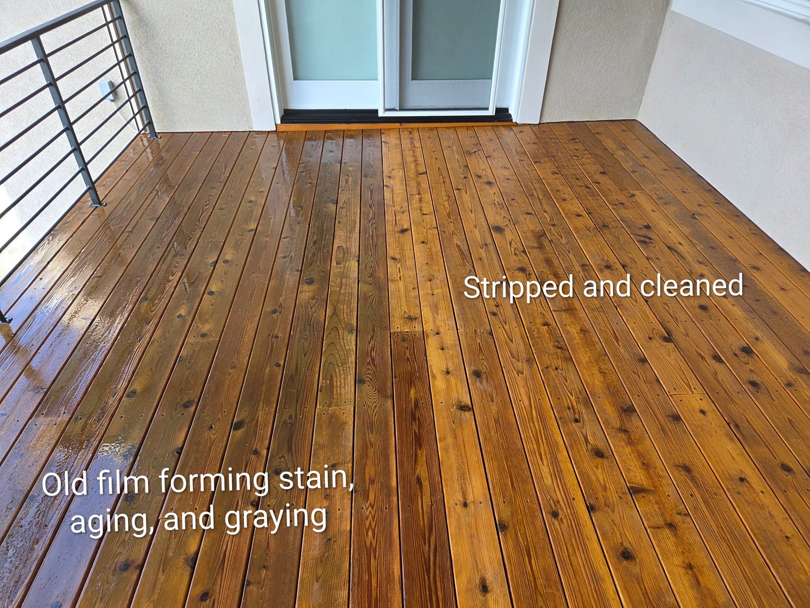 Side by side comparison of old film-forming stain versus freshly stripped and cleaned deck boards