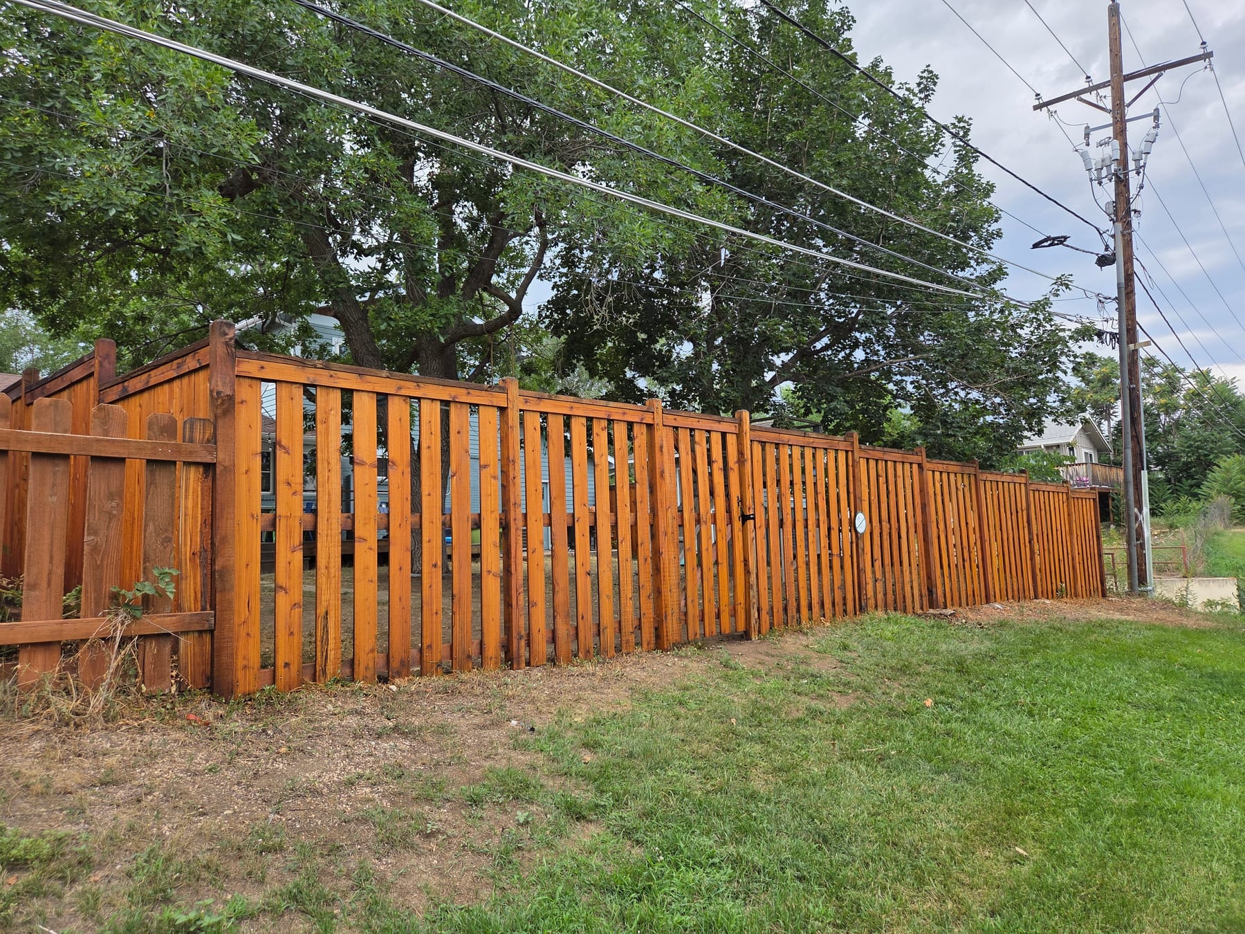Long board-on-board wood fence freshly stained along a property line
